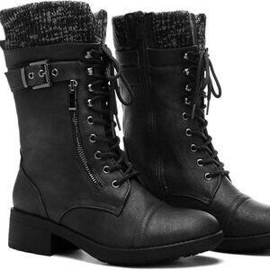 Women's Lace up Mid Calf Combat Riding Military Fur-Lined Boots (#8)